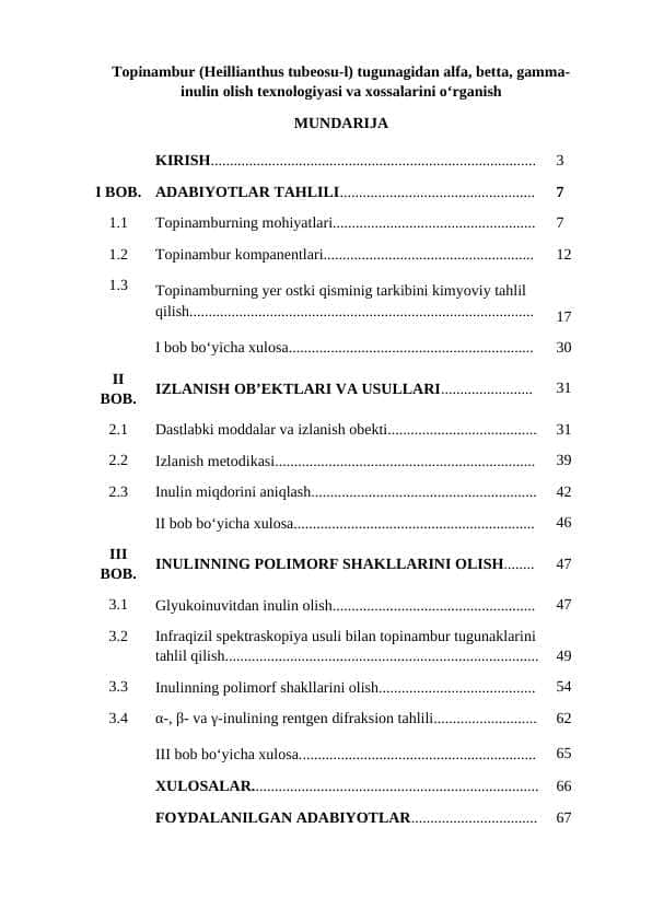 Topinambur (Heillianthus tubeosu-l) tugunagidan alfa, betta, gamma-inulin olish texnologiyasi va xossalarini oʻrganish