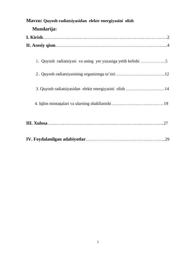 Quyosh radiatsiyasidan elektr energiyasini olish