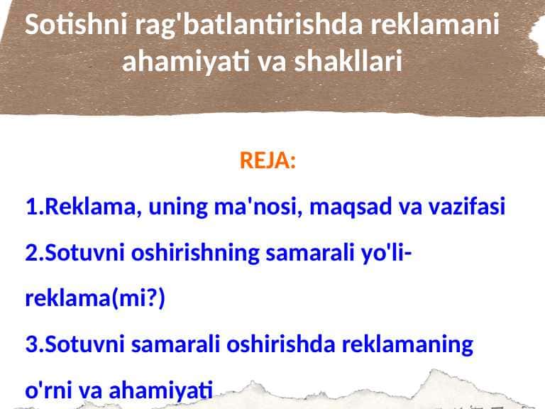 Sotishni rag'batlantirishda reklamani ahamiyati va shakllari