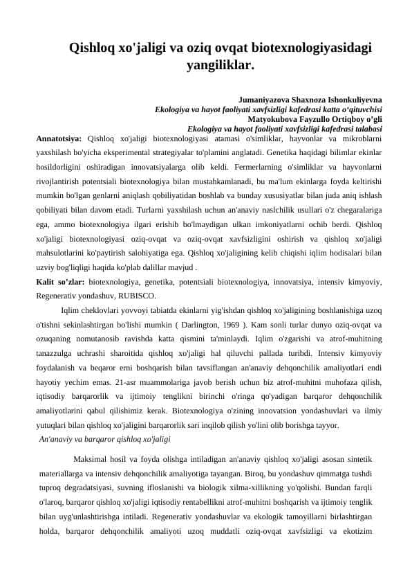 Qishloq xo'jaligi va oziq ovqat biotexnologiyalari