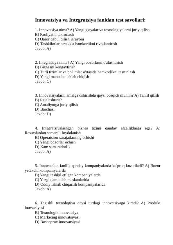 Innovatsiya va integratsiya fanidan test savol javoblari