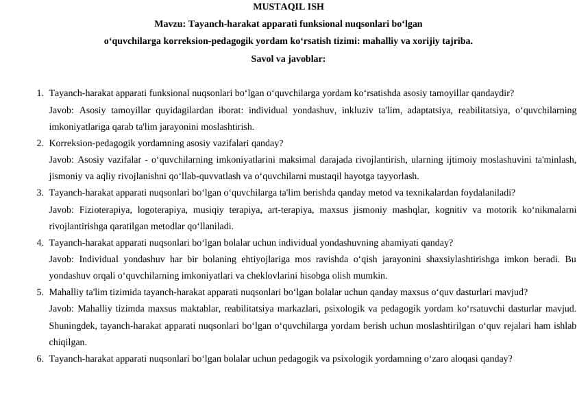 Tayanch-harakat apparati funksional nuqsonlari bo‘lgan o‘quvchilarga korreksion-pedagogik yordam ko‘rsatish tizimi: mahalliy va xorijiy tajriba