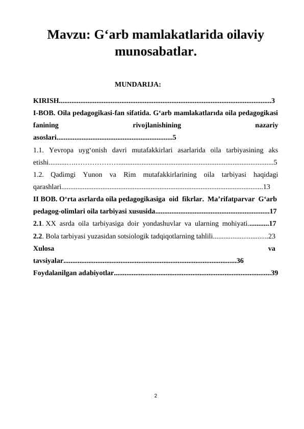 G‘arb mamlakatlarida oilaviy munosabatlar.