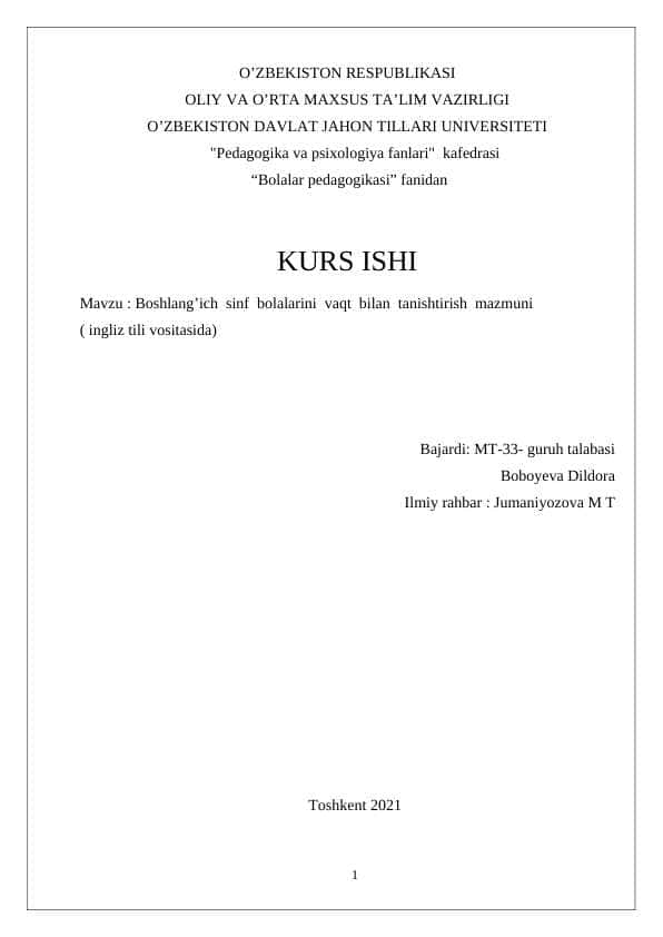 Boshlang’ich sinf bolalarini vaqt bilan tanishtirish mazmuni ( ingliz tili vositasida)