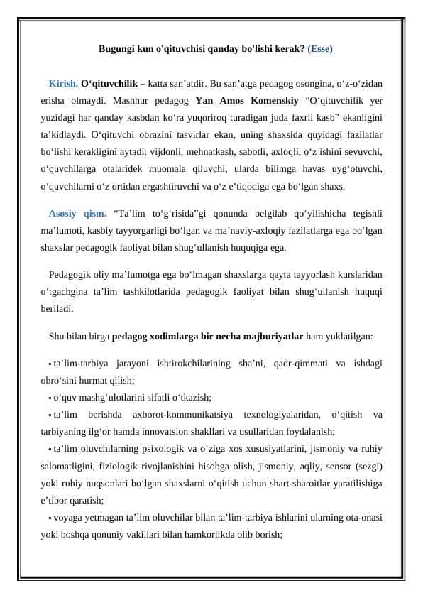 Bugungi kun o'qituvchisi qanday bo'lishi kerak?