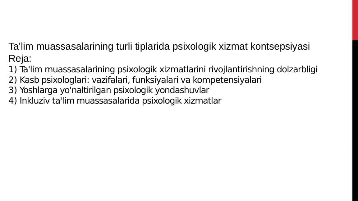 Ta'lim muassasalarining turli tiplarida psixologik faoliyat konseptsiyalari