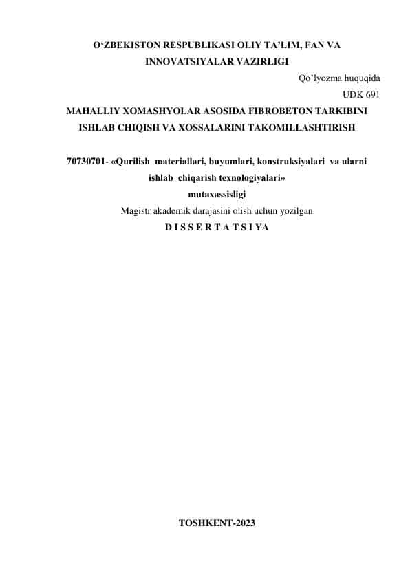 MAHALLIY XOMASHYOLAR ASOSIDA FIBROBETON TARKIBINI ISHLAB CHIQISH VA XOSSALARINI TAKOMILLASHTIRISH