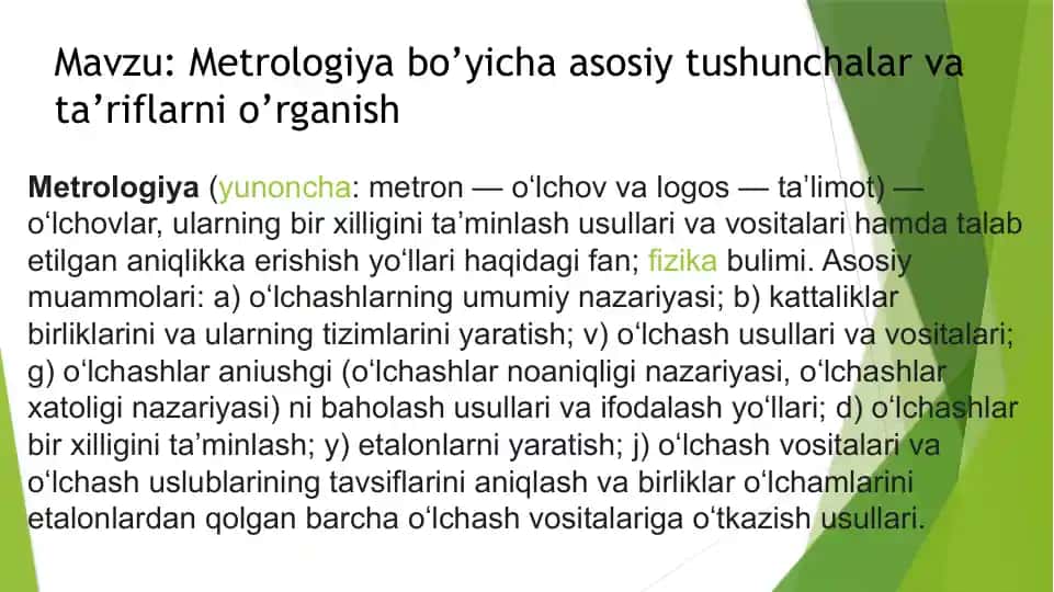 Metrologiya bo'yicha asosiy tushunchalar va ta'riflarni o'rganish