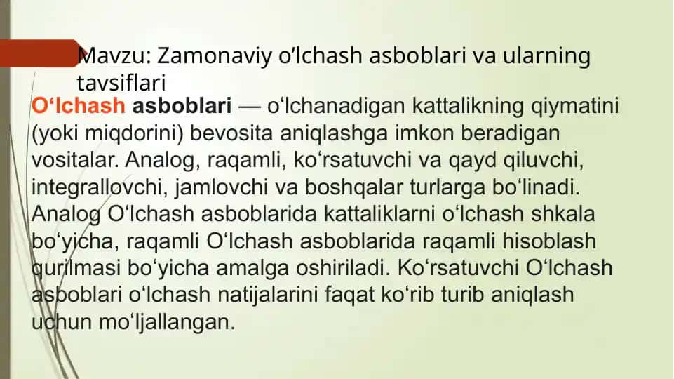 Oʻlchashasboblar va ularning tavsiflari