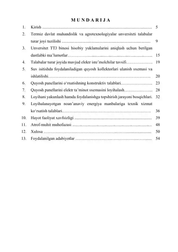 Termiz davlat muhandislik va agrotexnologiyalar unversiteti talabalar turar joyi tuzilishi