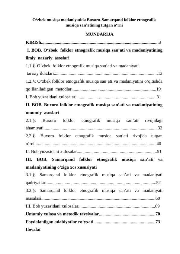 O‘zbek musiqa madaniyatida Buxoro-Samarqand folklor etnografik musiqa san’atining tutgan o‘rni