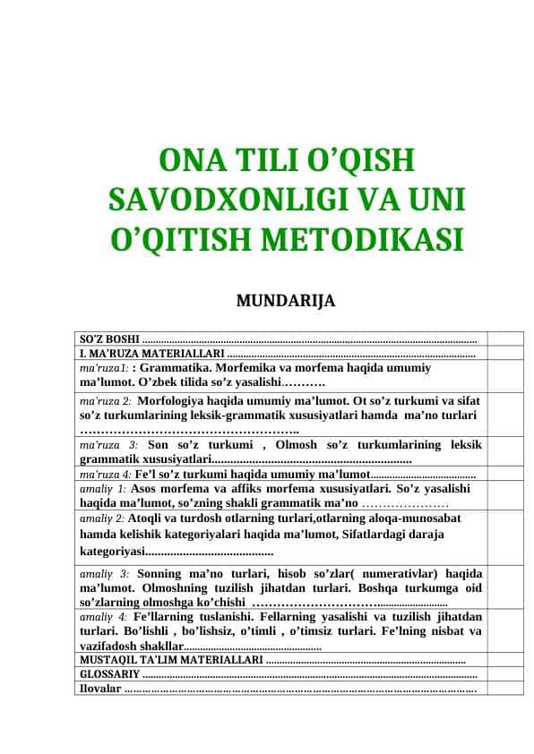 ONA TILI O’QISH SAVODXONLIGI VA UNI O’QITISH METODIKASI
