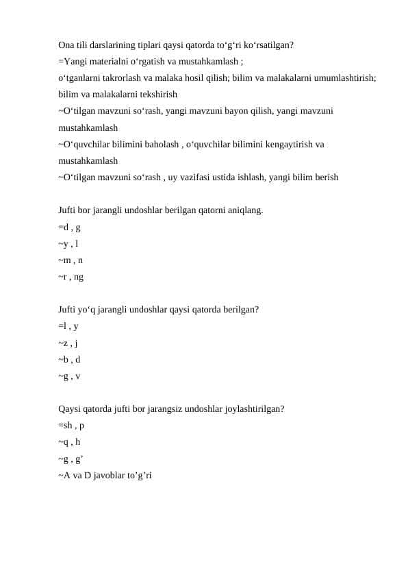 Ona tili fanidan 200 talik test, javoblari bilan