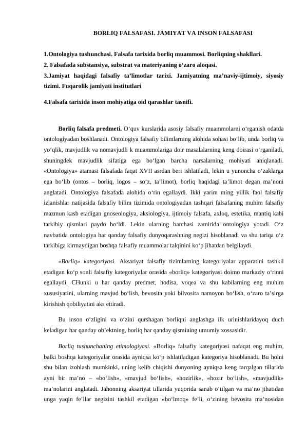 BORLIQ FALSAFASI. JAMIYAT VA INSON FALSAFASI