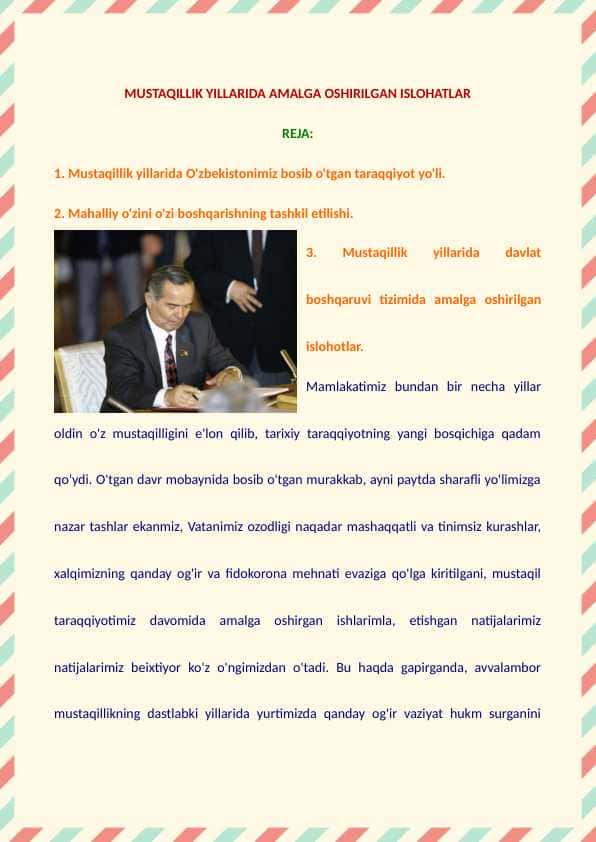 Mustaqillik yillarida amalga oshirilgan islohatlar