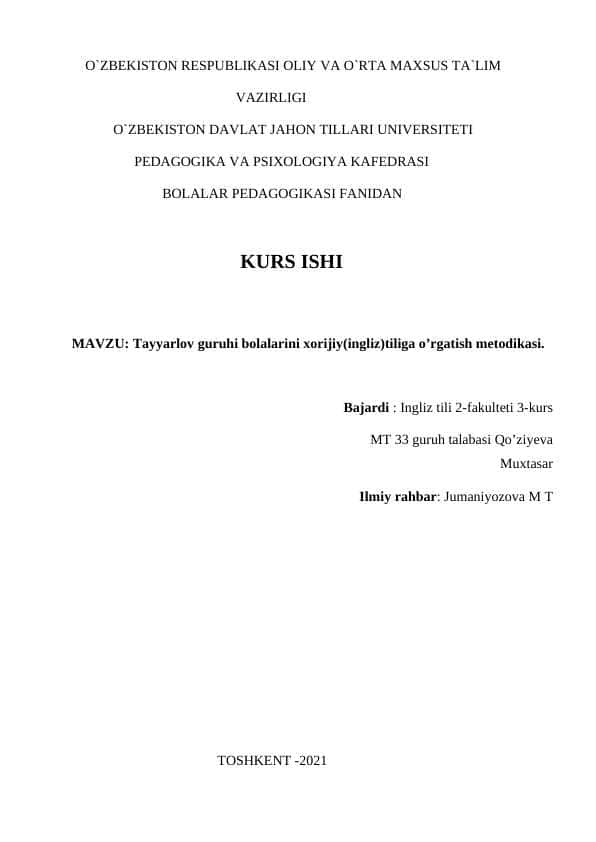 Tayyarlov guruhi bolalarini xorijiy(ingliz)tiliga o’rgatish metodikasi.