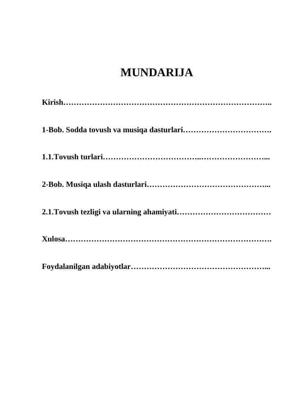 SODDA TOVUSH VA MUSIQA DASTURLARI