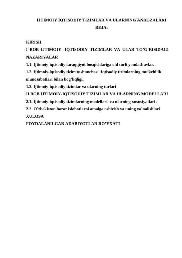 IJTIMOIY IQTISODIY TIZIMLAR VA ULARNING ANDOZALARI kurs ishi