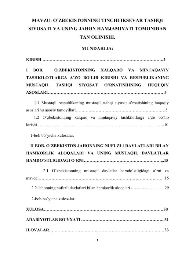 O`ZBEKISTONNING TINCHLIKSEVAR TASHQI SIYOSATI VA UNING JAHON HAMJAMIYATI TOMONIDAN TAN OLINISHI