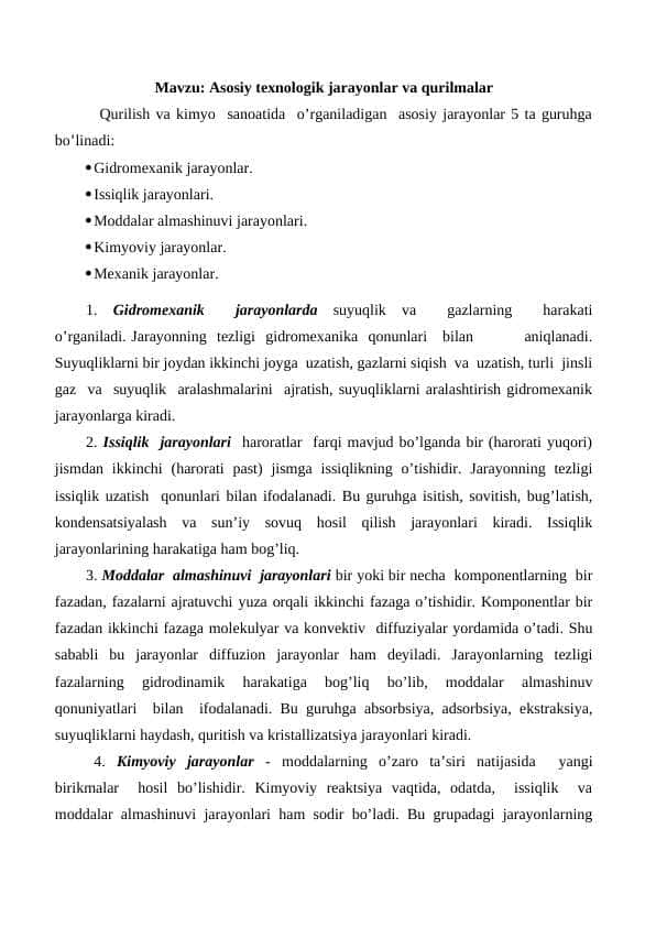 Asosiy texnologik jarayonlar va qurilmalar