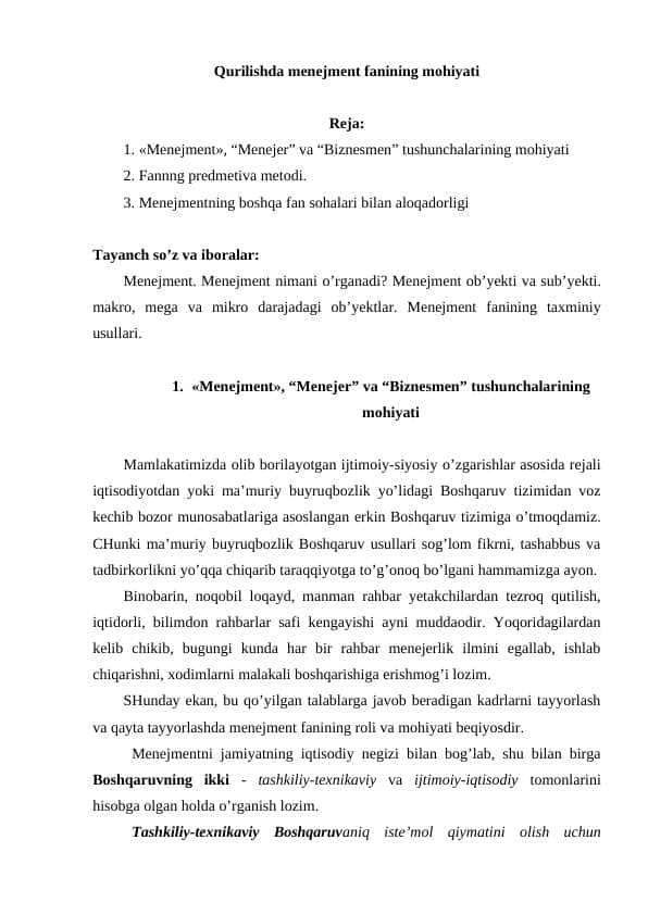 Qurilishda menejment fanining mohiyati