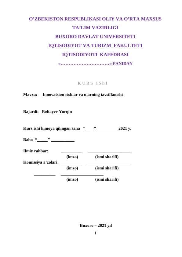 Innovatsion risklar va ularning tavsiflanishi