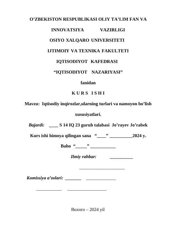 Iqtisodiy inqirozlar,ularning turlari va namoyon bo’lish xususiyatlari.