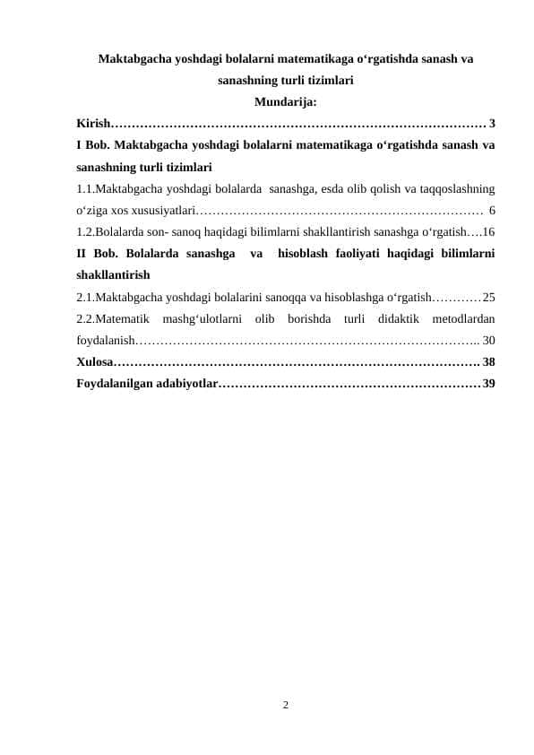 Maktabgacha yoshdagi bolalarni matematikaga oʻrgatishda sanash va sanashning turli tizimlari