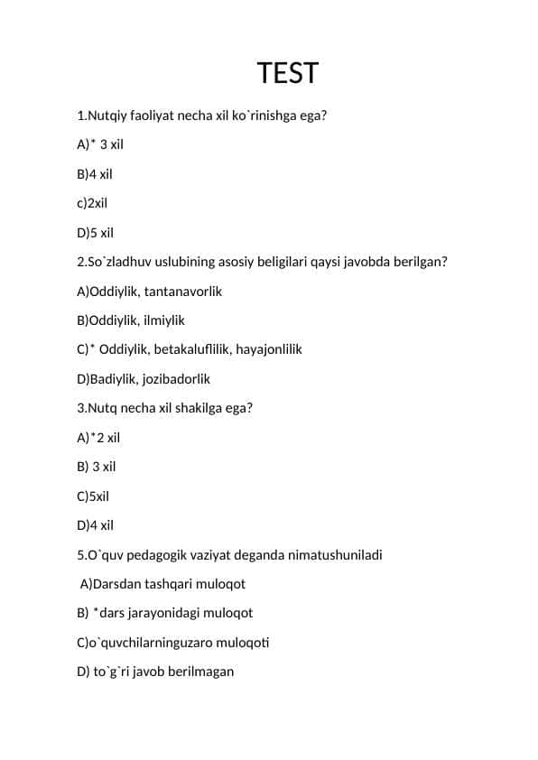 NUTQ MAVZUSIDA TEST