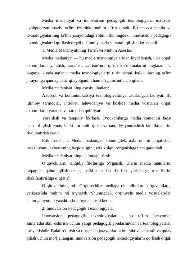 Media madaniyat va innovatsion pedagogik texnologiyalar mavzusi.docx