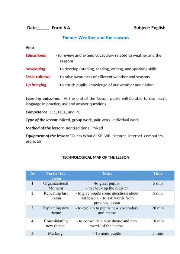 Weather and the seasons mavzusida 6-sinflar uchun dars ishlanma