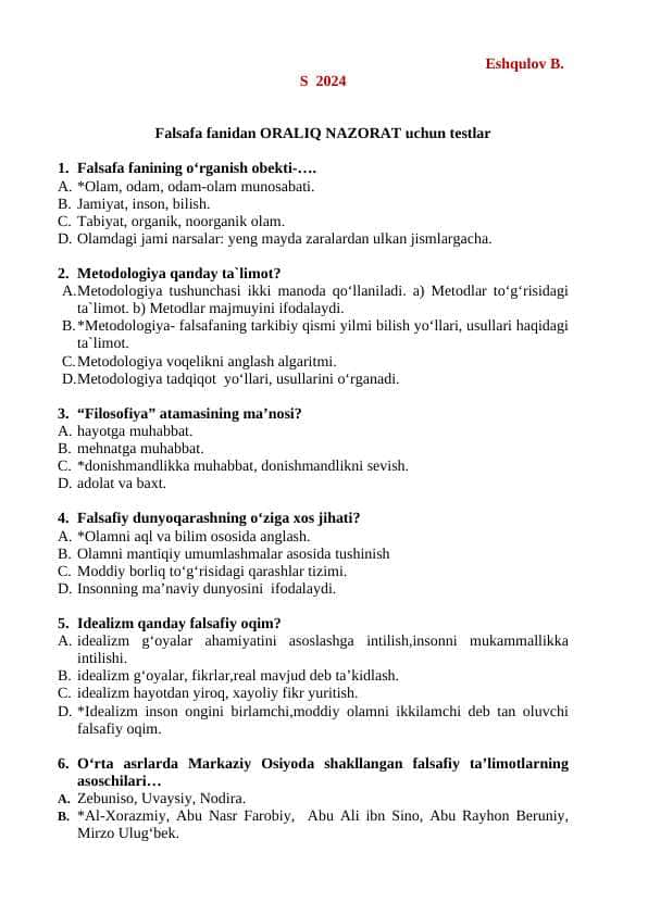 FALSAFA (Philosophy) fanidan testlar