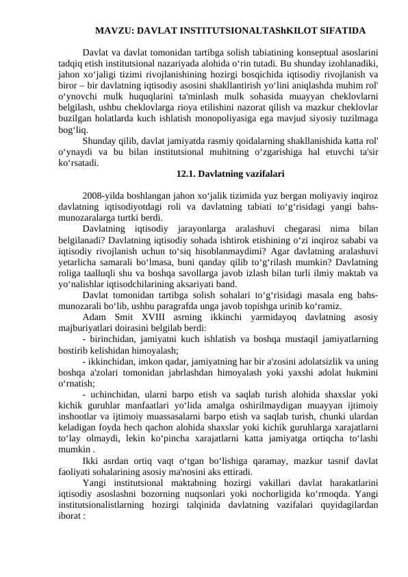DAVLAT INSTITUTSIONALTAShKILOT SIFATIDA