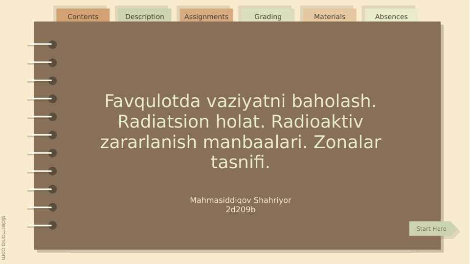 Favqulotda vaziyatni baholash. Radiatsion holat. Radioaktiv zararlanish manbaalari. Zonalar tasnifi.