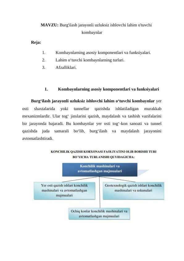 Burg'ilash jarayonli uzluksiz ishlovchi lahim o'tuvchi kombaynlar