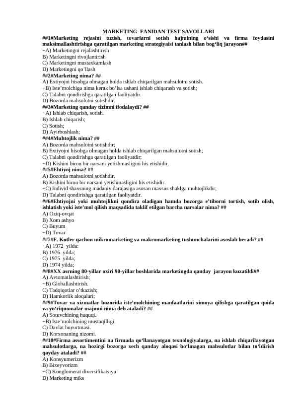 MARKETING FANIDAN TEST SAVOLLARI docx