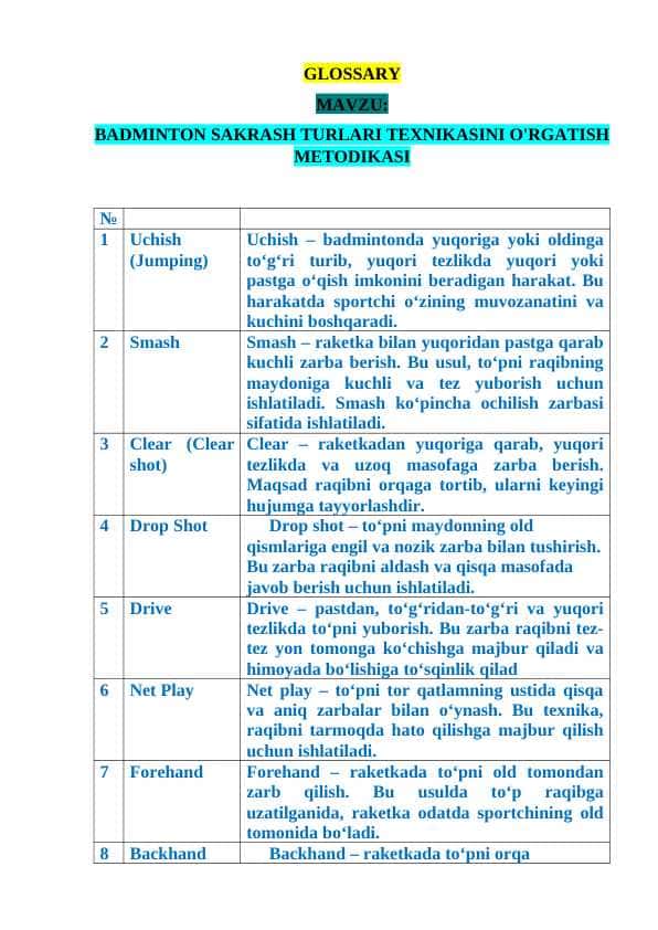 BADMINTON SAKRASH TURLARI TEXNIKASINI O'RGATISH METODIKASI
