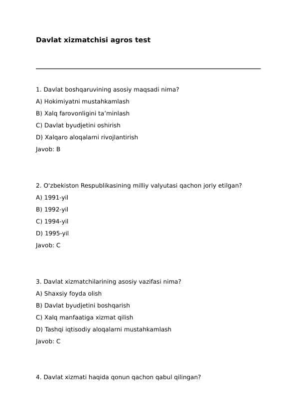 Davlat xizmatchisi agros test