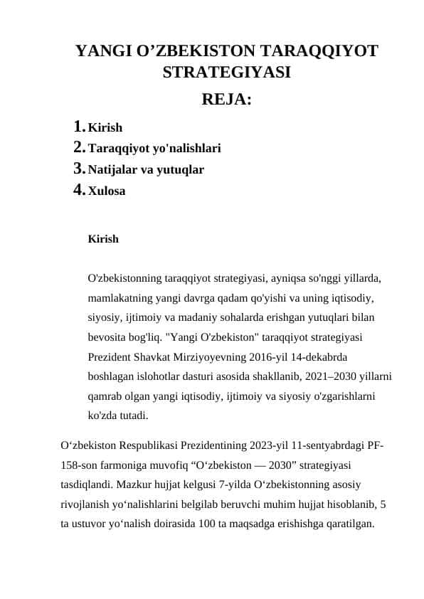 YANGI O’ZBEKISTON TARAQQIYOT STRATEGIYASI