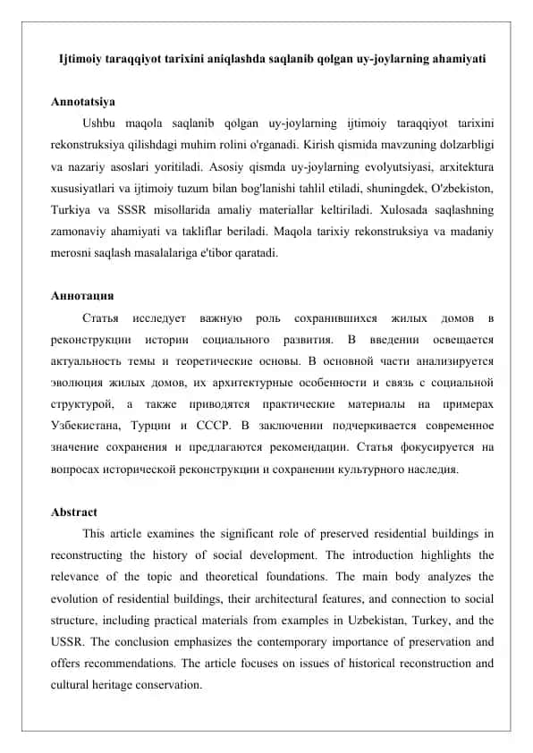 Ijtimoiy taraqqiyot tarixini aniqlashda saqlanib qolgan uy-joylarning ahamiyati maqola.
