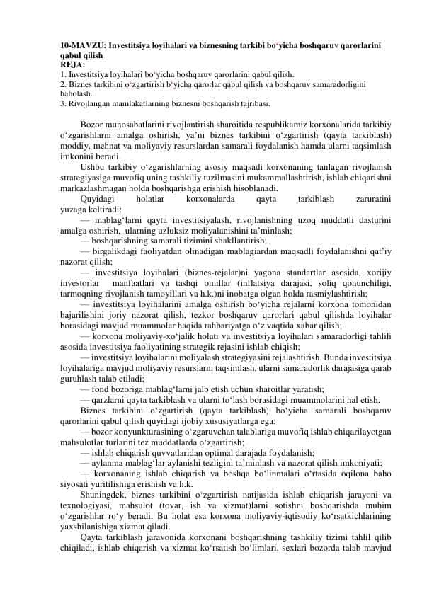 Investitsiya loyihalari va biznesning tarkibi bo‘yicha boshqaruv qarorlarini qabul qilish