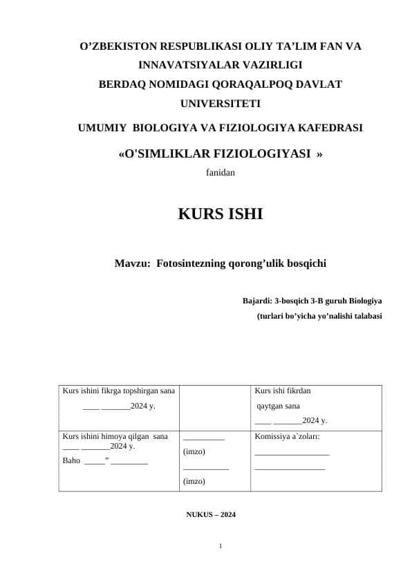 Fotosintezning qorong’ulik bosqichi