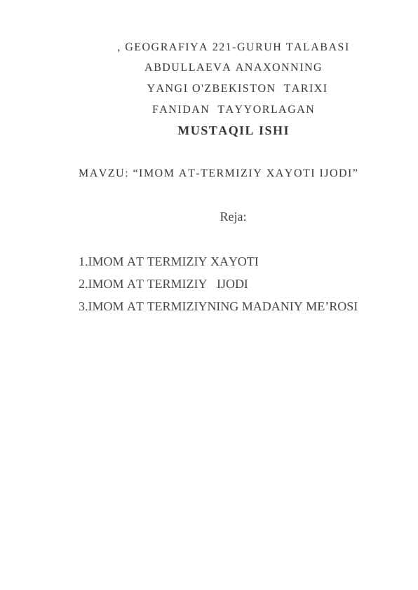 “IMOM AT-TERMIZIY XAYOTI IJODI”