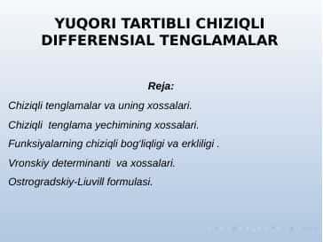 YUQORI TARTIBLI CHIZIQLI DIFFERENSIAL TENGLAMALAR