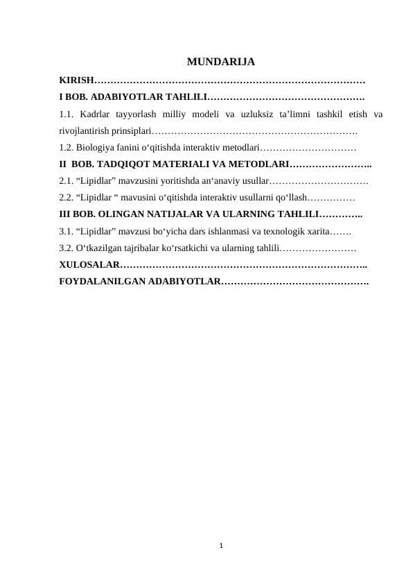 Umumiy o‘rta ta’lim maktablarida “Lipidlar” mavzusini o‘tishda interaktiv metodlarni qo‘llash