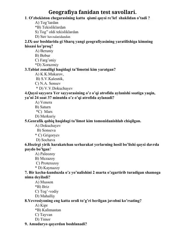 Geografiya fanidan test savollari