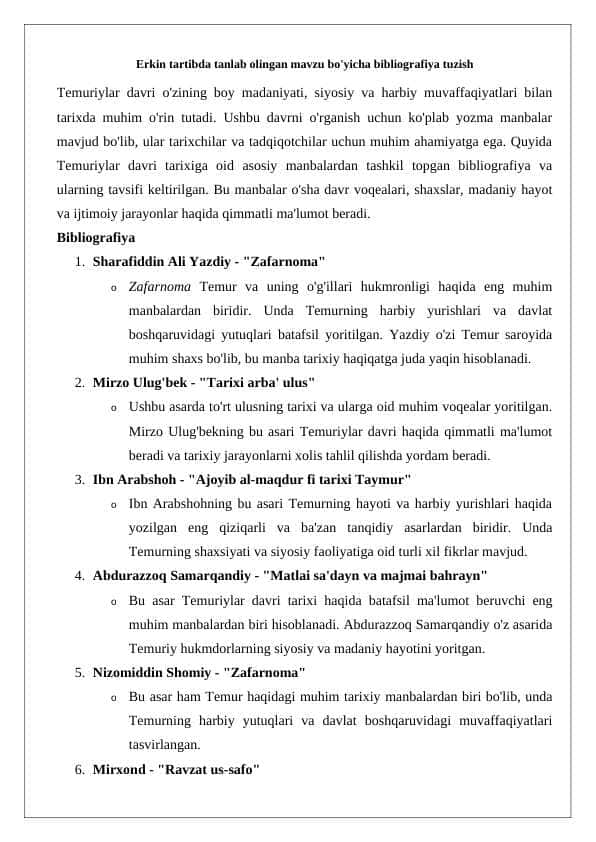 Erkin tartibda tanlab olingan mavzu bo'yicha bibliografiya tuzish 24