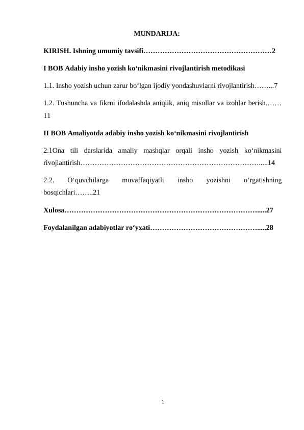 Ona tili darslarida adabiy insho yozish koʻnikmasini rivojlantirish metodikasi