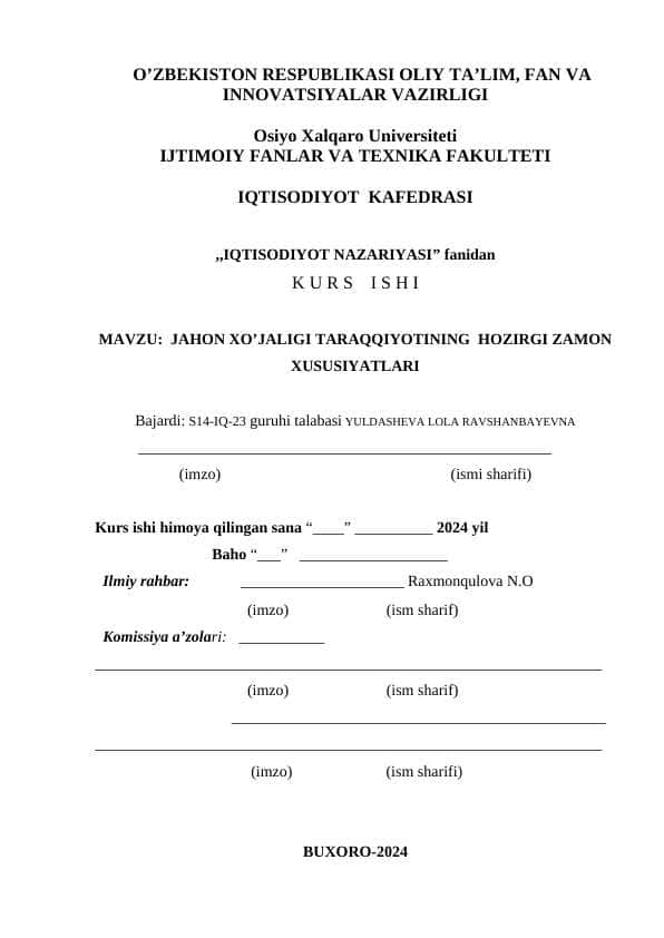JAHON XO’JALIGI TARAQQIYOTINING HOZIRGI ZAMON XUSUSIYATLARI