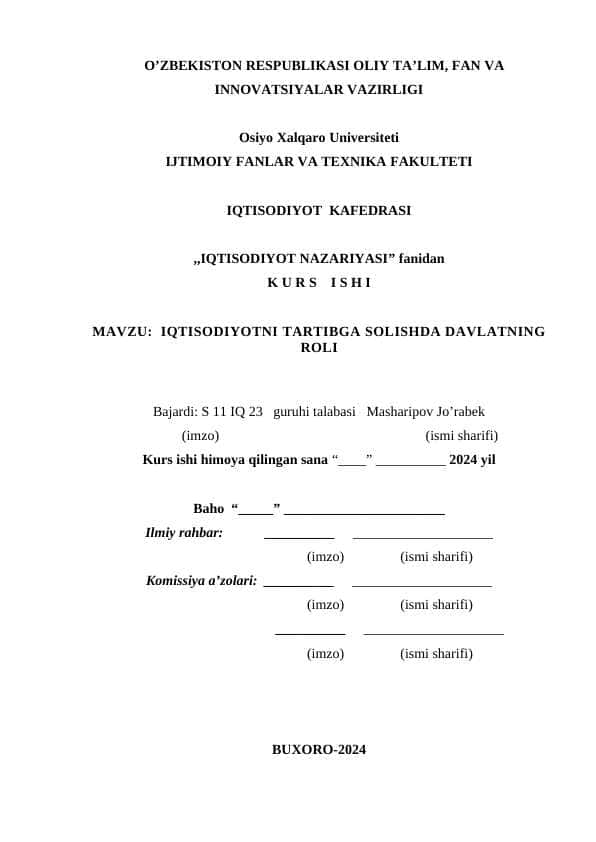 IQTISODIYOTNI TARTIBGA SOLISHDA DAVLATNING ROLI